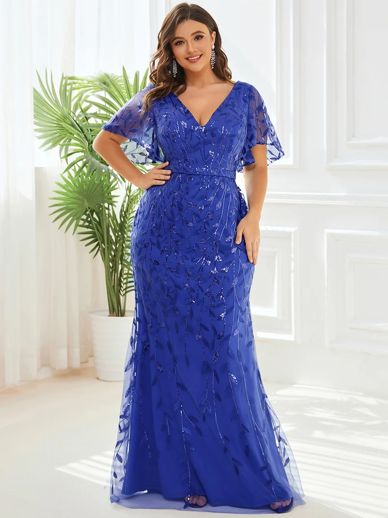 ever DIONE|Robe de soirée en queue de poisson à paillettes et feuilles à col en V