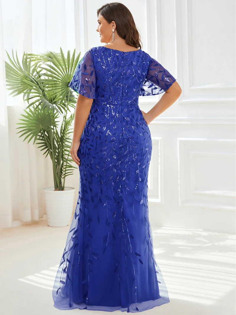 ever DIONE|Robe de soirée en queue de poisson à paillettes et feuilles à col en V