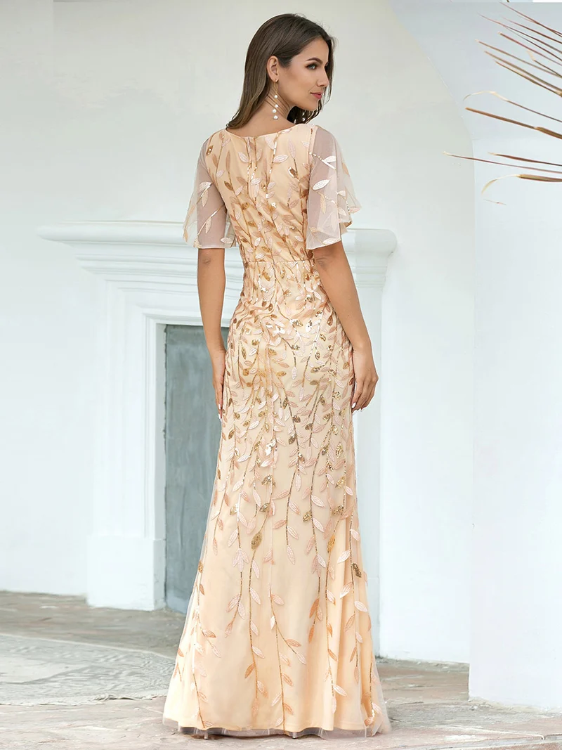 ever DIONE|Robe de soirée en queue de poisson à paillettes et feuilles à col en V