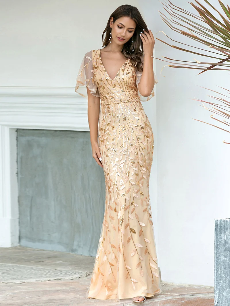 ever DIONE|Robe de soirée en queue de poisson à paillettes et feuilles à col en V