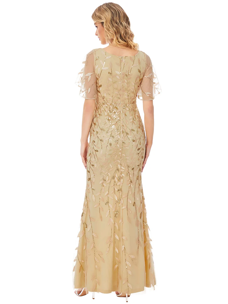 ever DIONE|Robe de soirée en queue de poisson à paillettes et feuilles à col en V