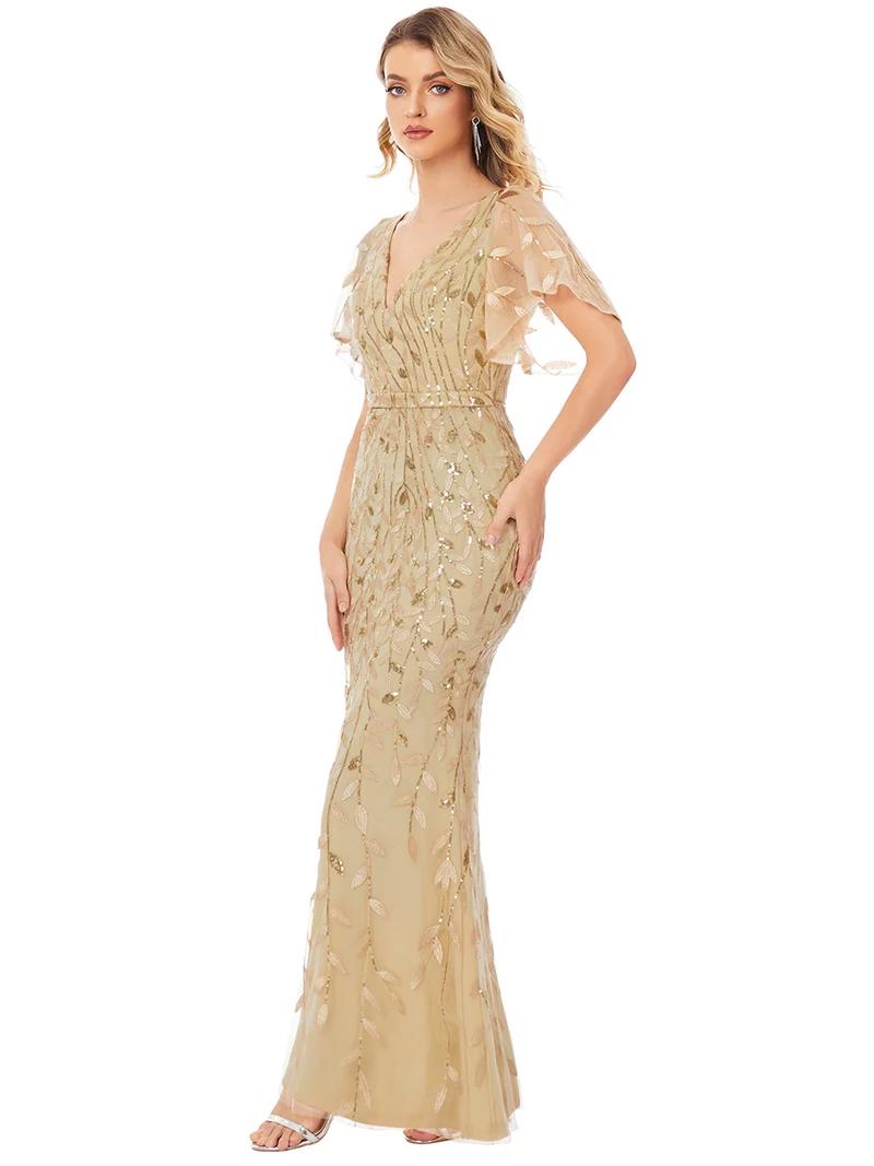 ever DIONE|Robe de soirée en queue de poisson à paillettes et feuilles à col en V