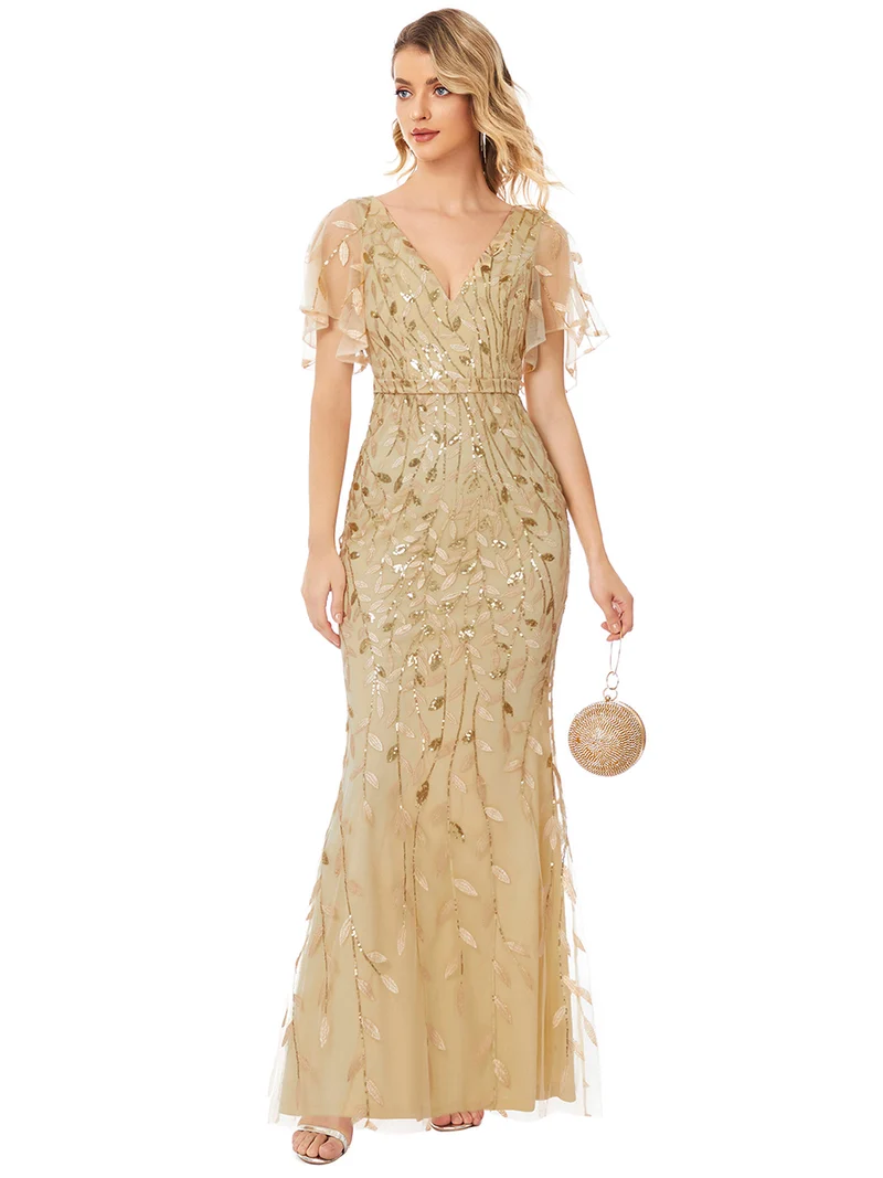 ever DIONE|Robe de soirée en queue de poisson à paillettes et feuilles à col en V
