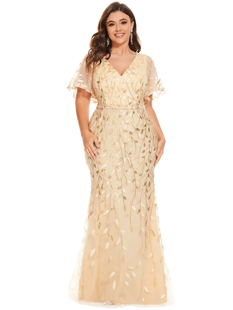 ever DIONE|Robe de soirée en queue de poisson à paillettes et feuilles à col en V