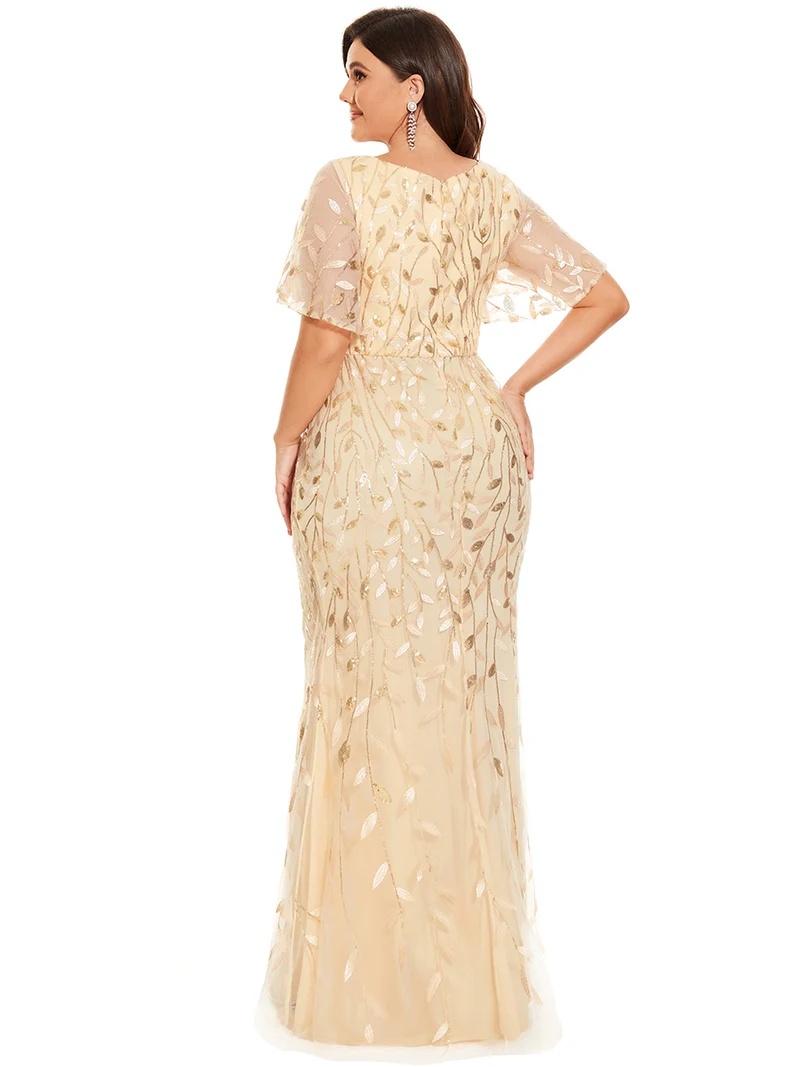 ever DIONE|Robe de soirée en queue de poisson à paillettes et feuilles à col en V