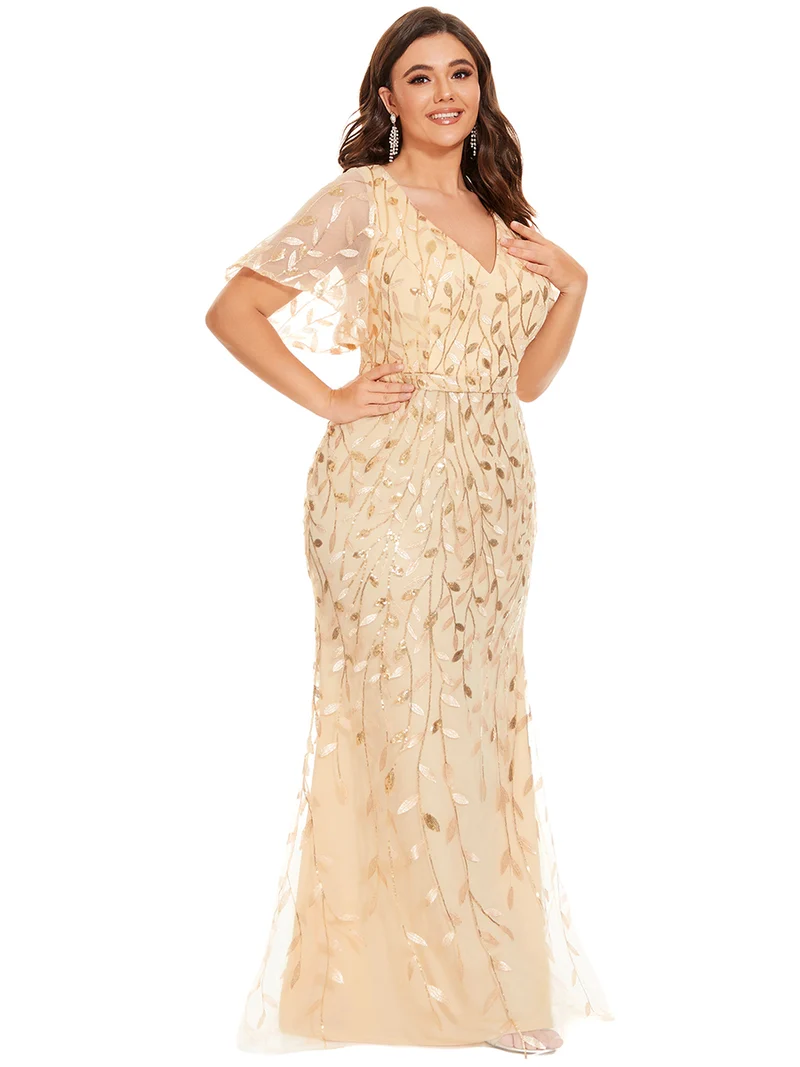 ever DIONE|Robe de soirée en queue de poisson à paillettes et feuilles à col en V