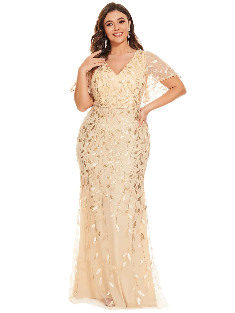 ever DIONE|Robe de soirée en queue de poisson à paillettes et feuilles à col en V