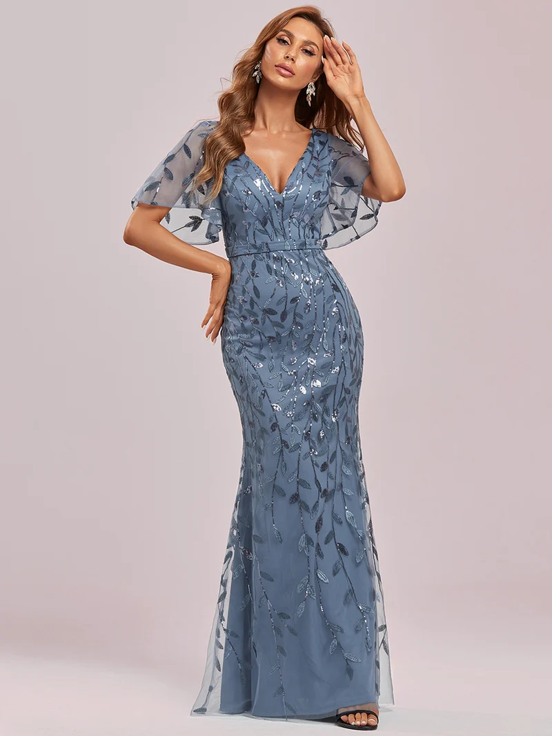 ever DIONE|Robe de soirée en queue de poisson à paillettes et feuilles à col en V