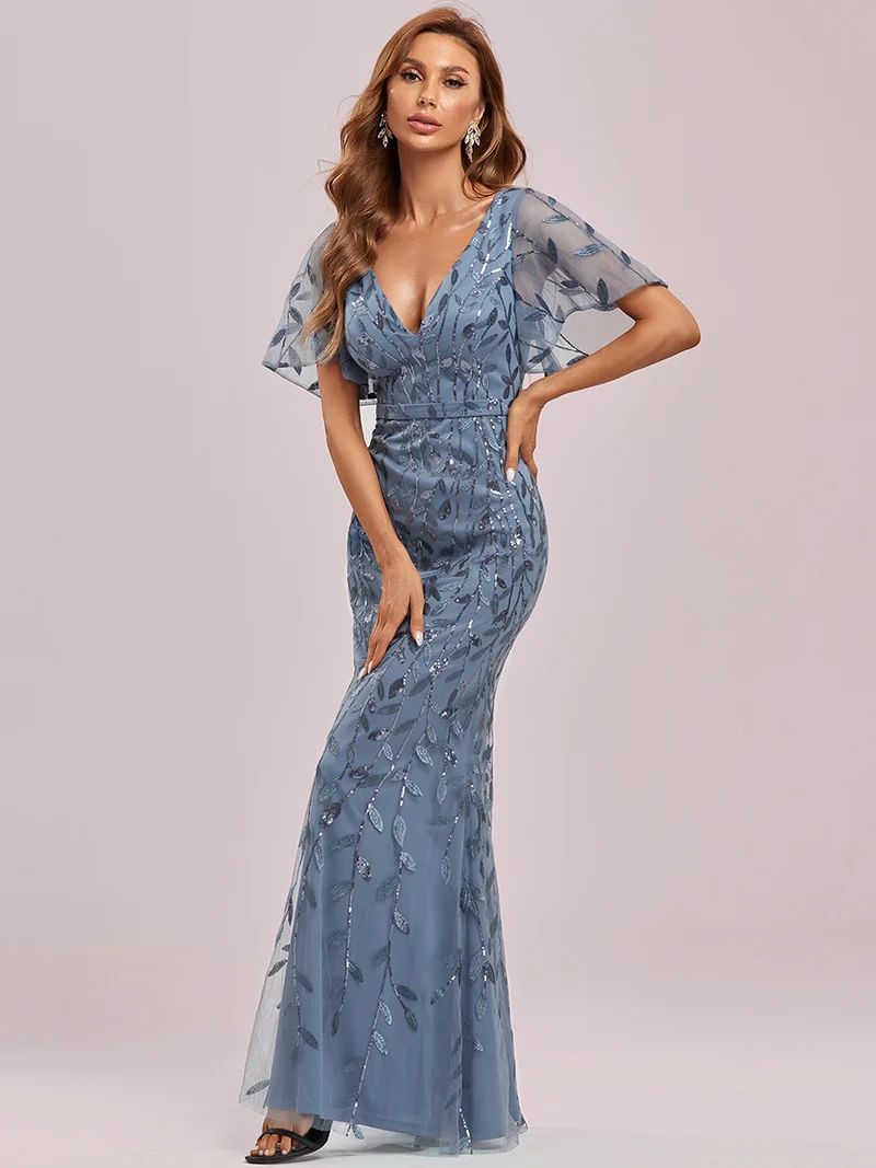 ever DIONE|Robe de soirée en queue de poisson à paillettes et feuilles à col en V