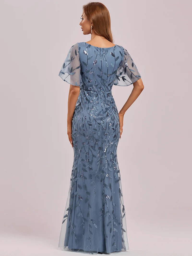 ever DIONE|Robe de soirée en queue de poisson à paillettes et feuilles à col en V