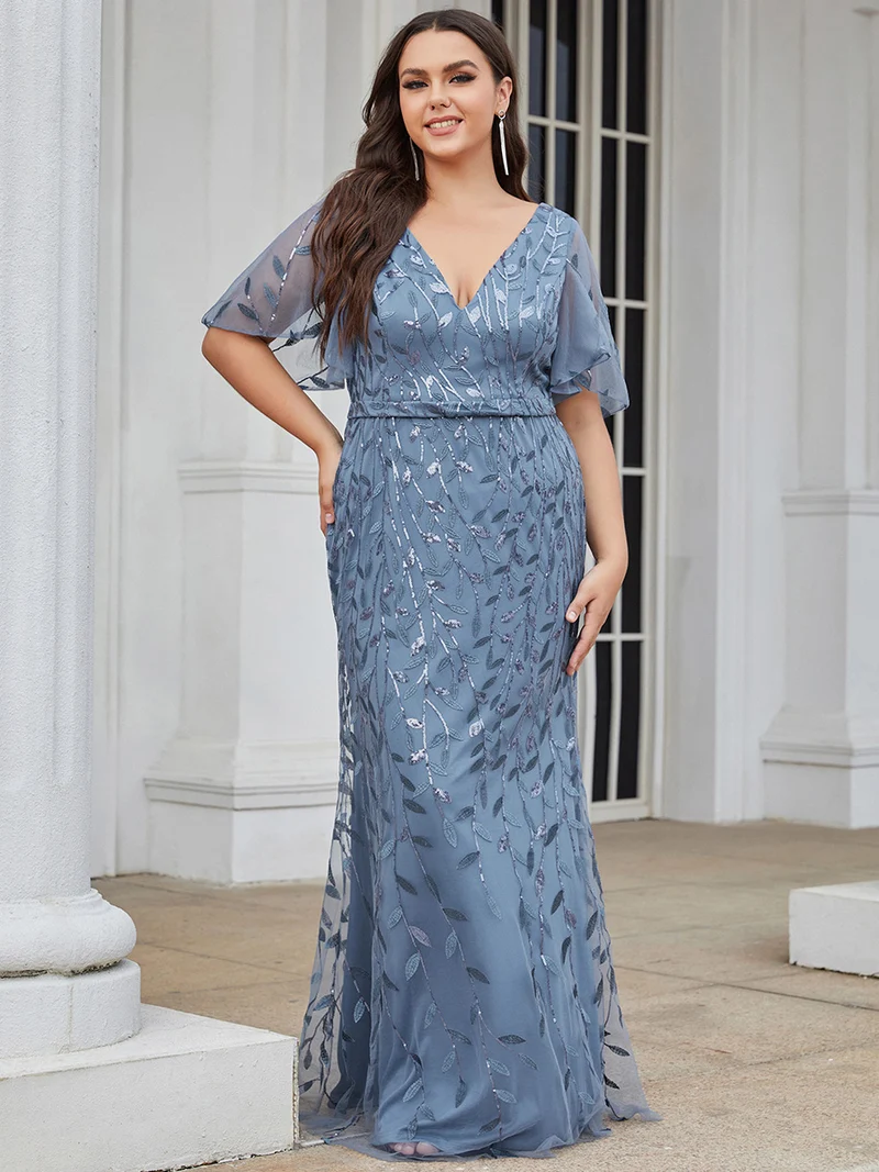ever DIONE|Robe de soirée en queue de poisson à paillettes et feuilles à col en V