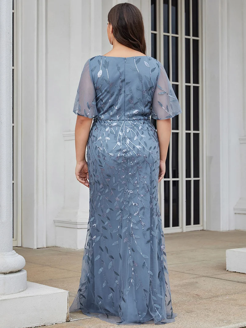 ever DIONE|Robe de soirée en queue de poisson à paillettes et feuilles à col en V