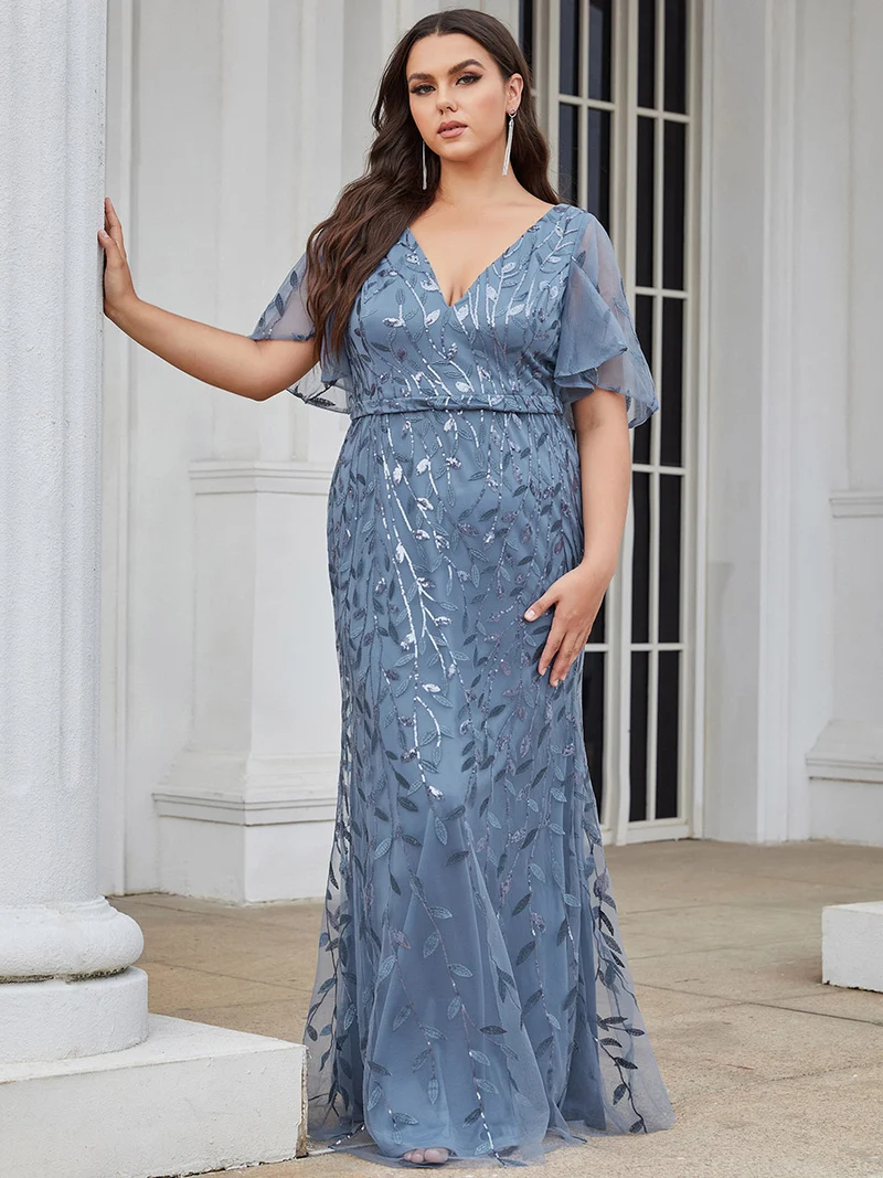 ever DIONE|Robe de soirée en queue de poisson à paillettes et feuilles à col en V