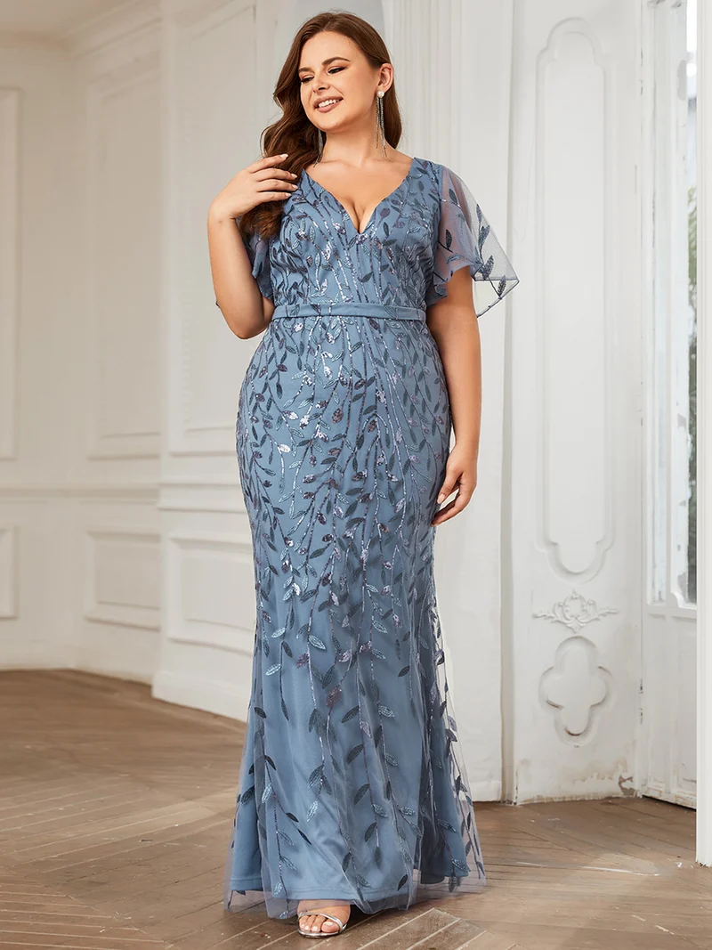 ever DIONE|Robe de soirée en queue de poisson à paillettes et feuilles à col en V