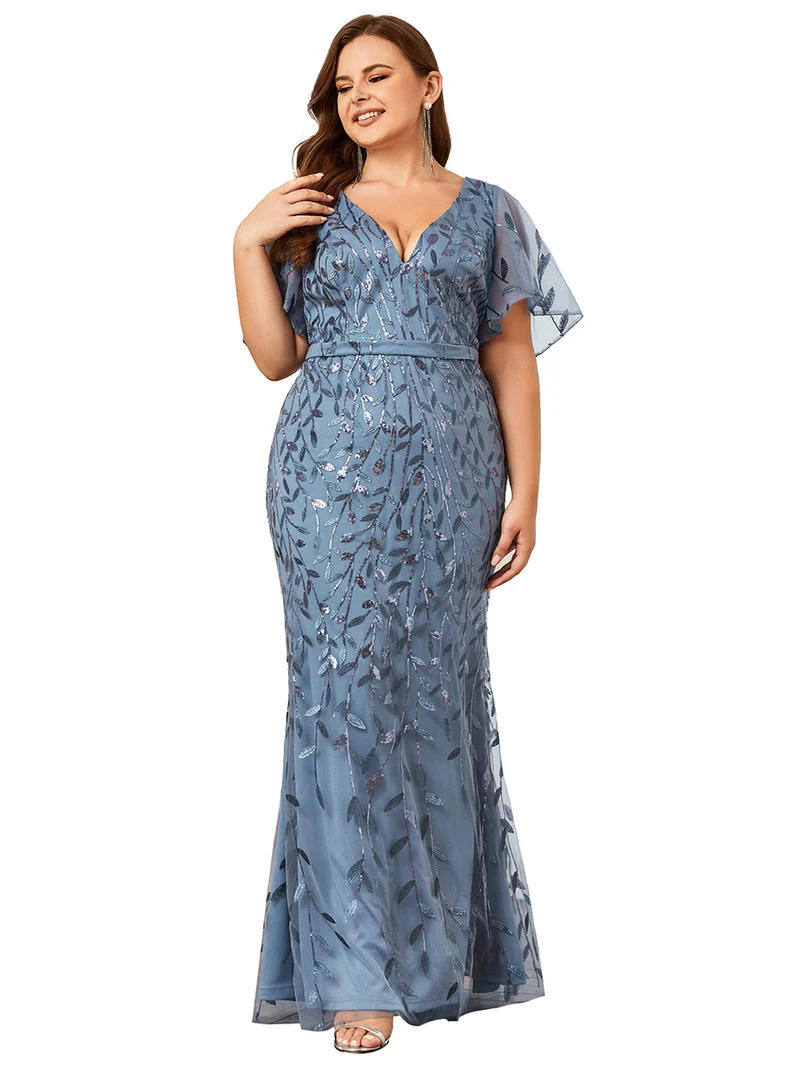 ever DIONE|Robe de soirée en queue de poisson à paillettes et feuilles à col en V