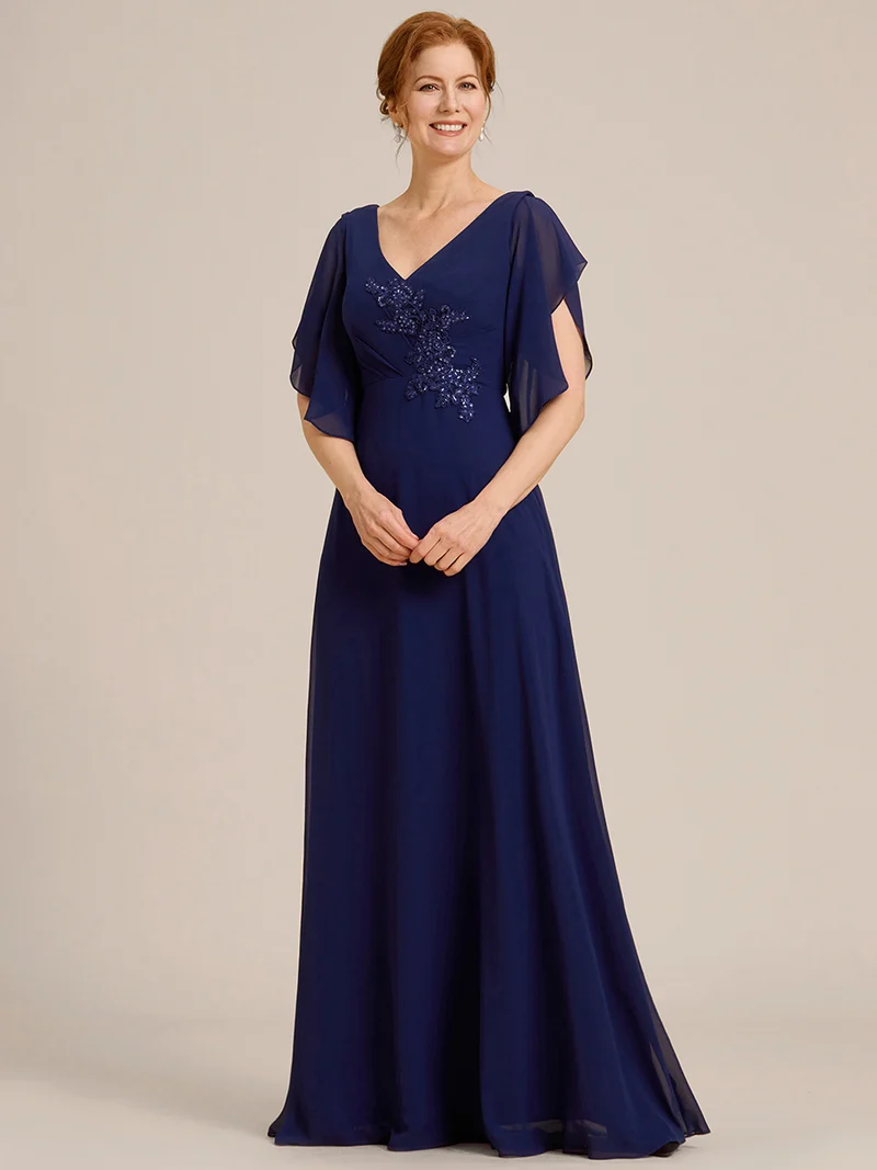 ever LORIE|Robe mère de la mariée en mousseline de soie demi-manches décoration appliquée haut