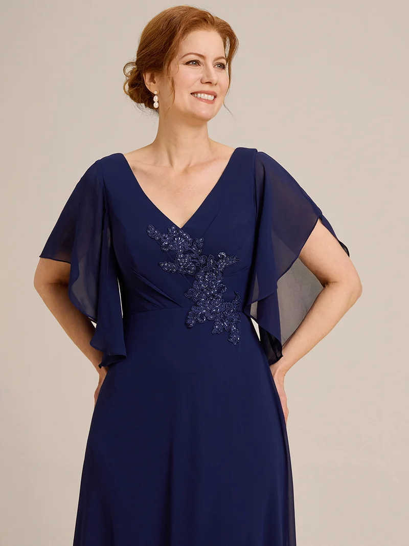 ever LORIE|Robe mère de la mariée en mousseline de soie demi-manches décoration appliquée haut