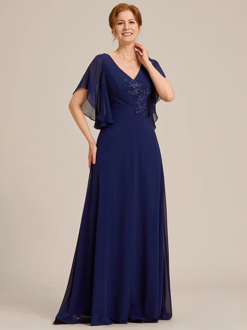 ever LORIE|Robe mère de la mariée en mousseline de soie demi-manches décoration appliquée haut