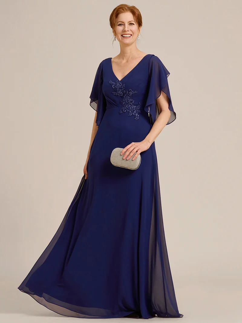 ever LORIE|Robe mère de la mariée en mousseline de soie demi-manches décoration appliquée haut