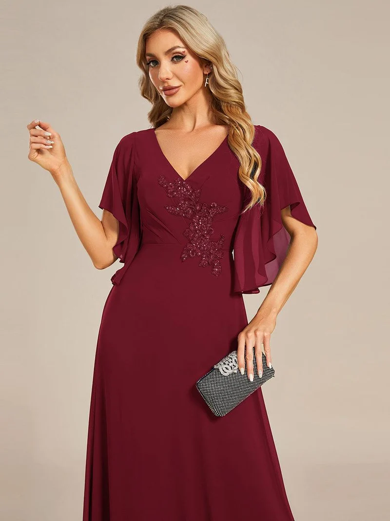 ever LORIE|Robe mère de la mariée en mousseline de soie demi-manches décoration appliquée haut