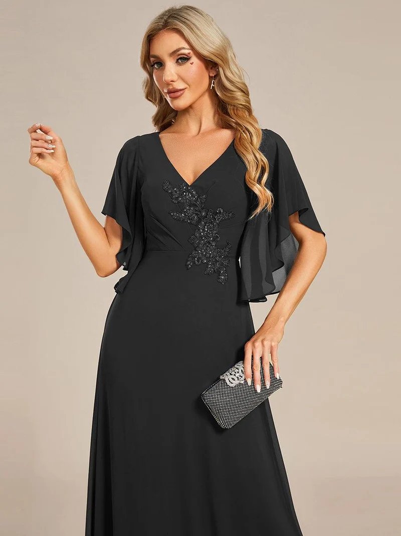 ever LORIE|Robe mère de la mariée en mousseline de soie demi-manches décoration appliquée haut