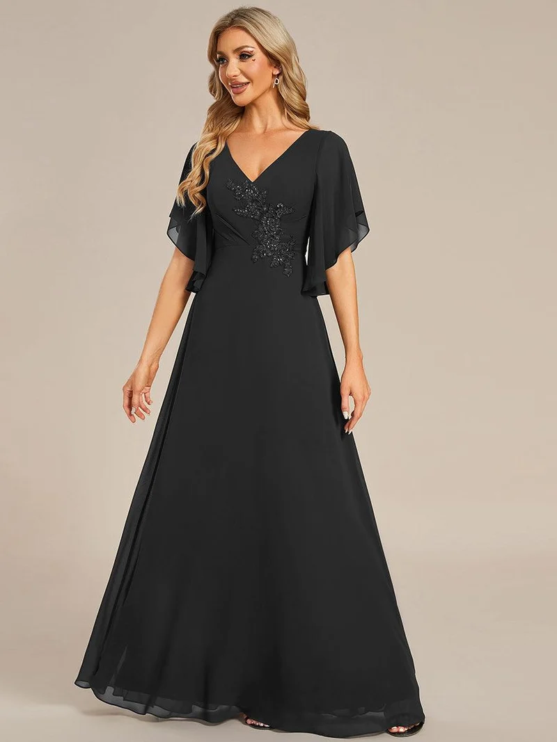 ever LORIE|Robe mère de la mariée en mousseline de soie demi-manches décoration appliquée haut