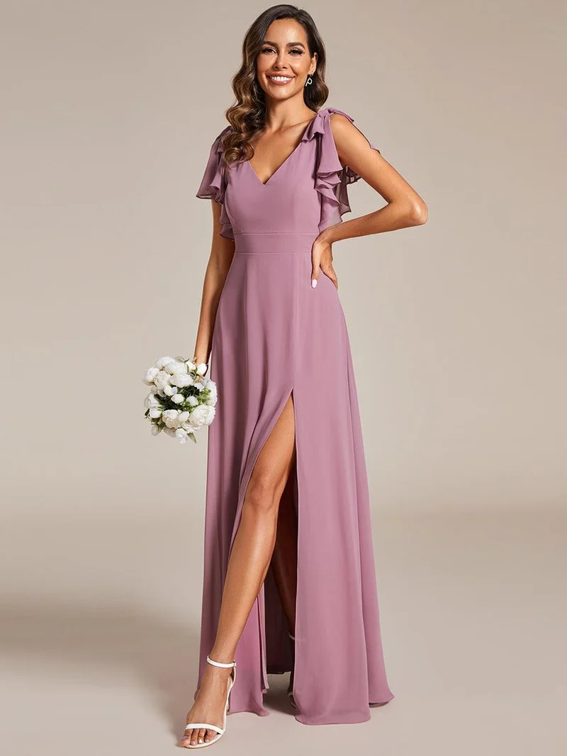 ever ROSY|Robe de demoiselle d'honneur trapèze en mousseline à manches courtes avec fente haute sur le devant