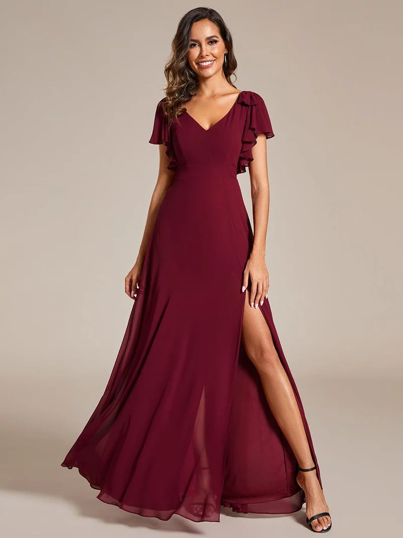 ever ROSY|Robe de demoiselle d'honneur trapèze en mousseline à manches courtes avec fente haute sur le devant