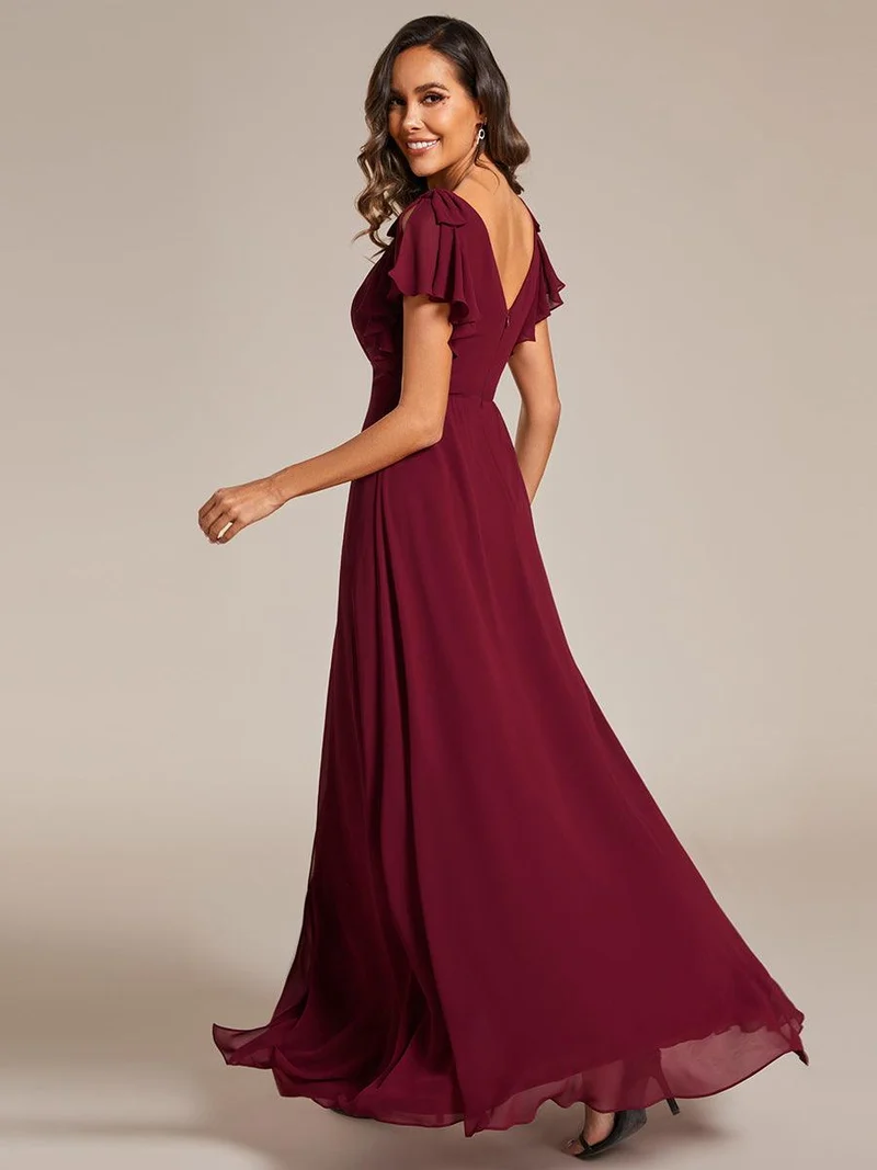 ever ROSY|Robe de demoiselle d'honneur trapèze en mousseline à manches courtes avec fente haute sur le devant