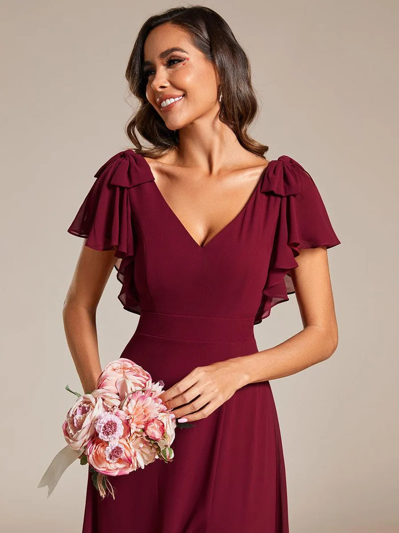 ever ROSY|Robe de demoiselle d'honneur trapèze en mousseline à manches courtes avec fente haute sur le devant