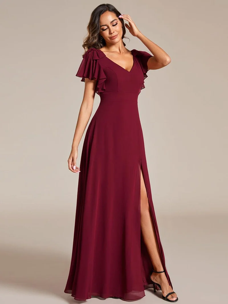 ever ROSY|Robe de demoiselle d'honneur trapèze en mousseline à manches courtes avec fente haute sur le devant