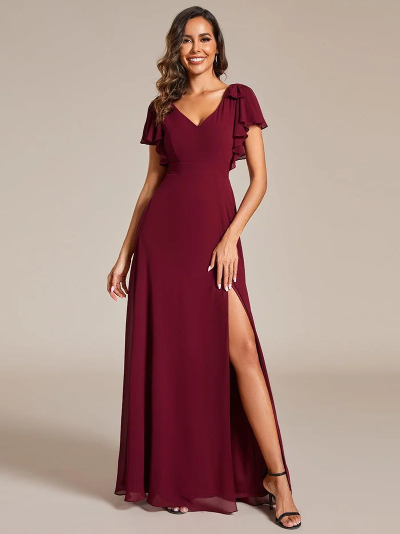 ever ROSY|Robe de demoiselle d'honneur trapèze en mousseline à manches courtes avec fente haute sur le devant