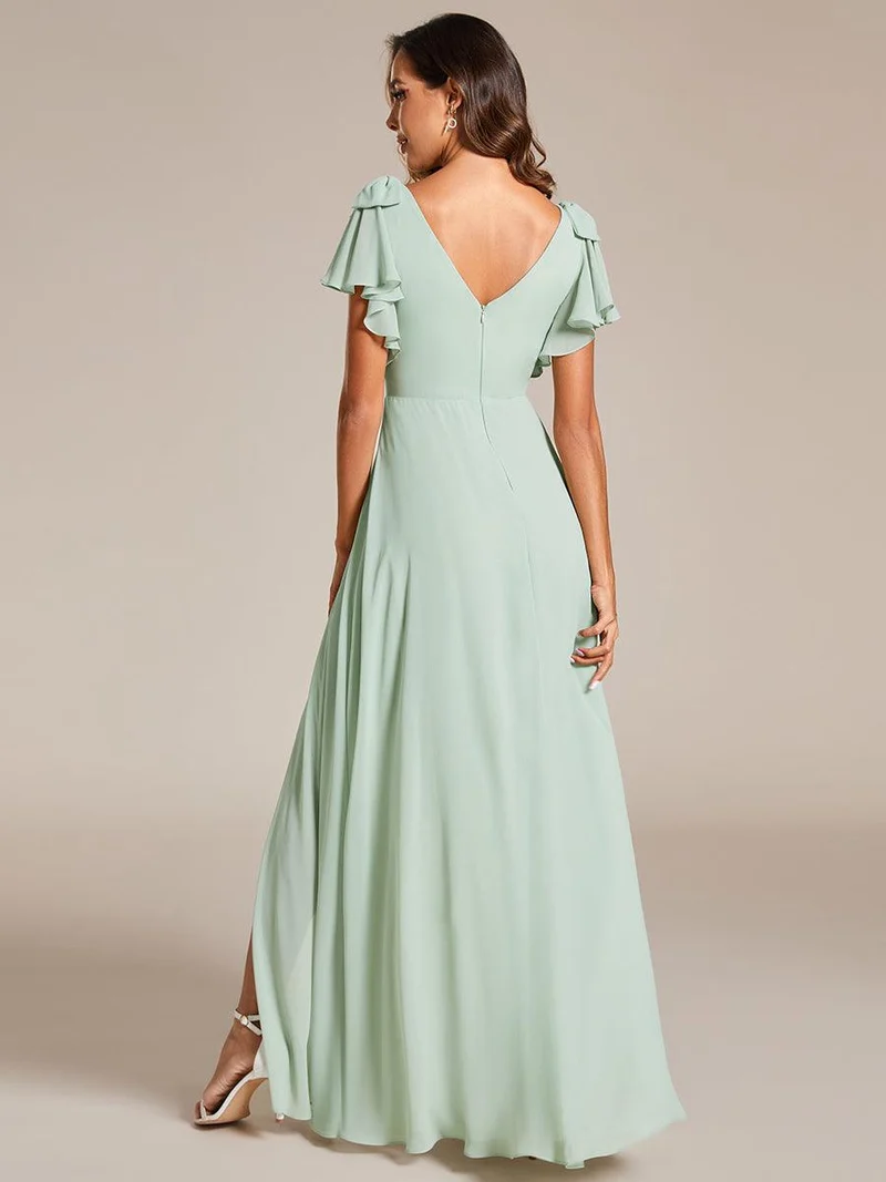ever ROSY|Robe de demoiselle d'honneur trapèze en mousseline à manches courtes avec fente haute sur le devant