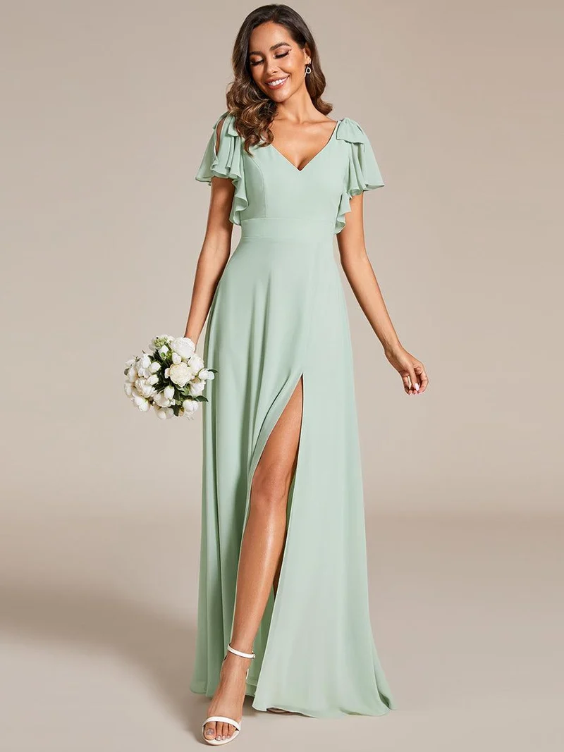 ever ROSY|Robe de demoiselle d'honneur trapèze en mousseline à manches courtes avec fente haute sur le devant