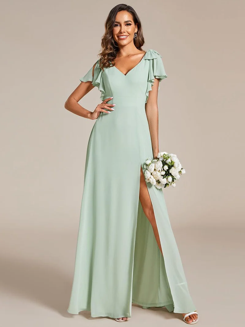 ever ROSY|Robe de demoiselle d'honneur trapèze en mousseline à manches courtes avec fente haute sur le devant
