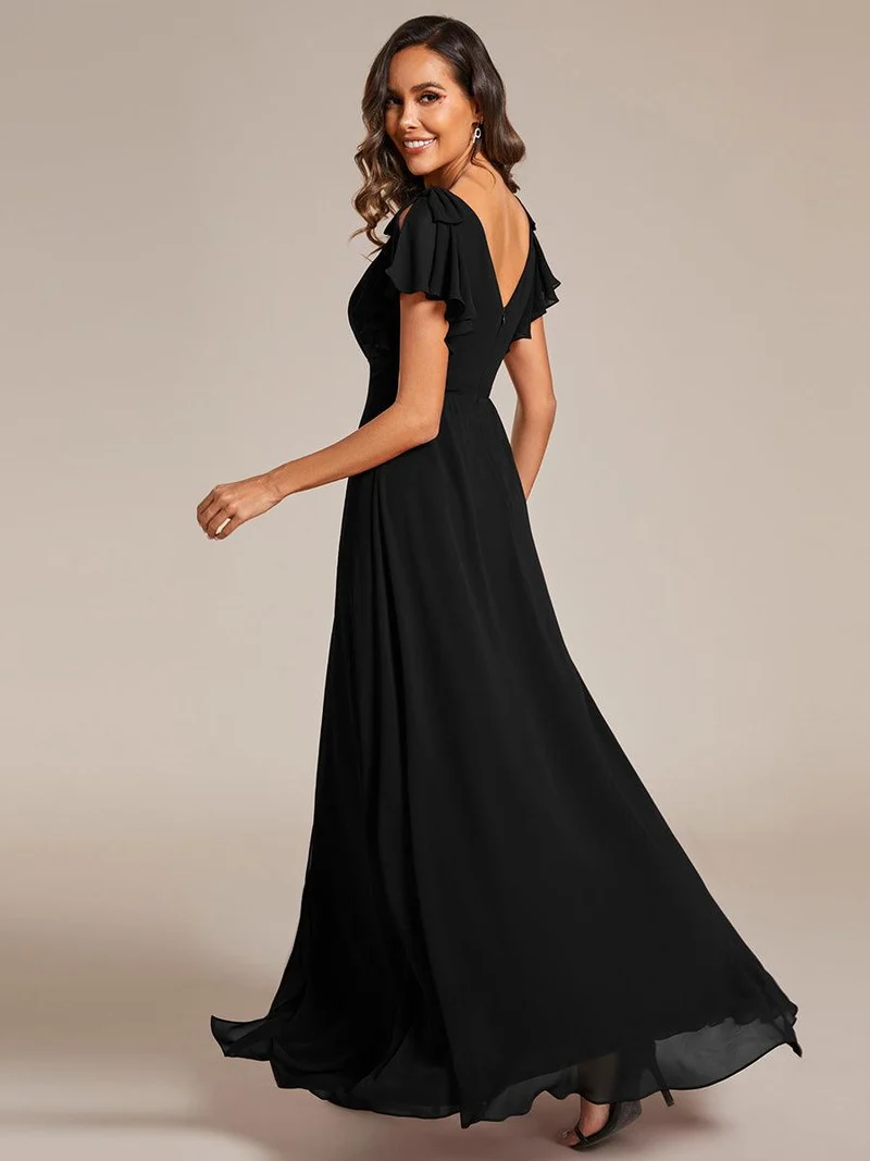 ever ROSY|Robe de demoiselle d'honneur trapèze en mousseline à manches courtes avec fente haute sur le devant