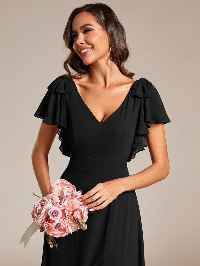 ever ROSY|Robe de demoiselle d'honneur trapèze en mousseline à manches courtes avec fente haute sur le devant