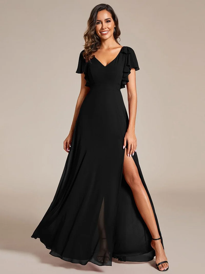 ever ROSY|Robe de demoiselle d'honneur trapèze en mousseline à manches courtes avec fente haute sur le devant