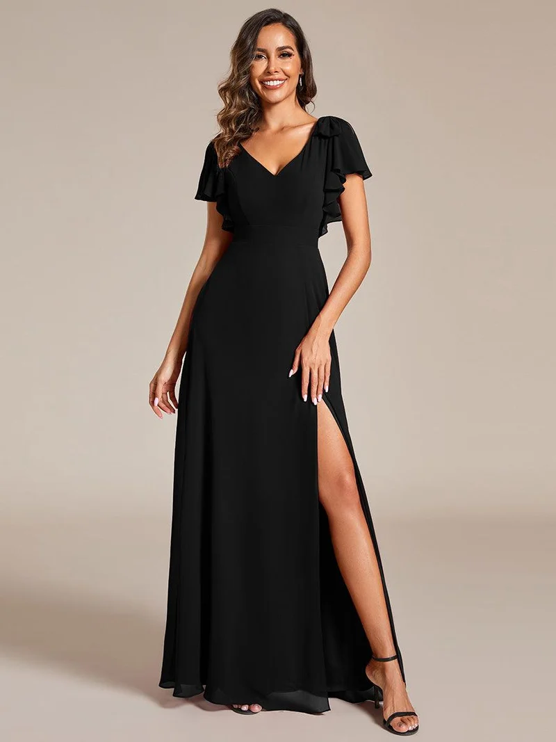 ever ROSY|Robe de demoiselle d'honneur trapèze en mousseline à manches courtes avec fente haute sur le devant