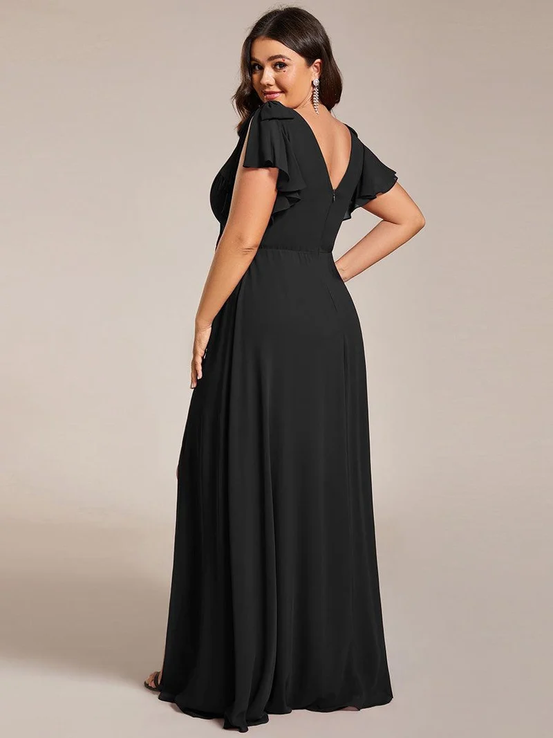 ever ROSY|Robe de demoiselle d'honneur trapèze en mousseline à manches courtes avec fente haute sur le devant