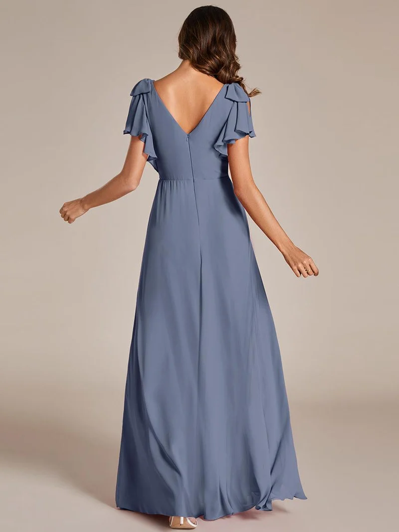 ever ROSY|Robe de demoiselle d'honneur trapèze en mousseline à manches courtes avec fente haute sur le devant