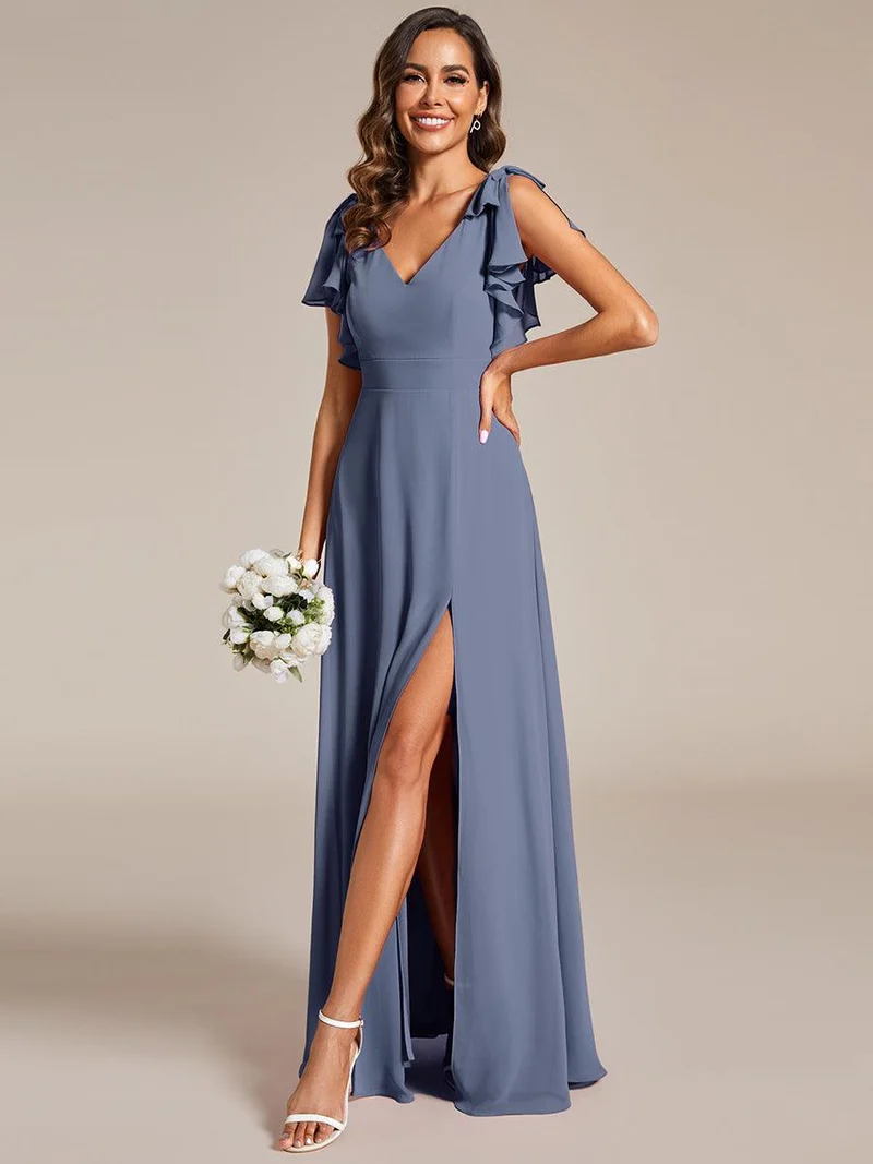 ever ROSY|Robe de demoiselle d'honneur trapèze en mousseline à manches courtes avec fente haute sur le devant