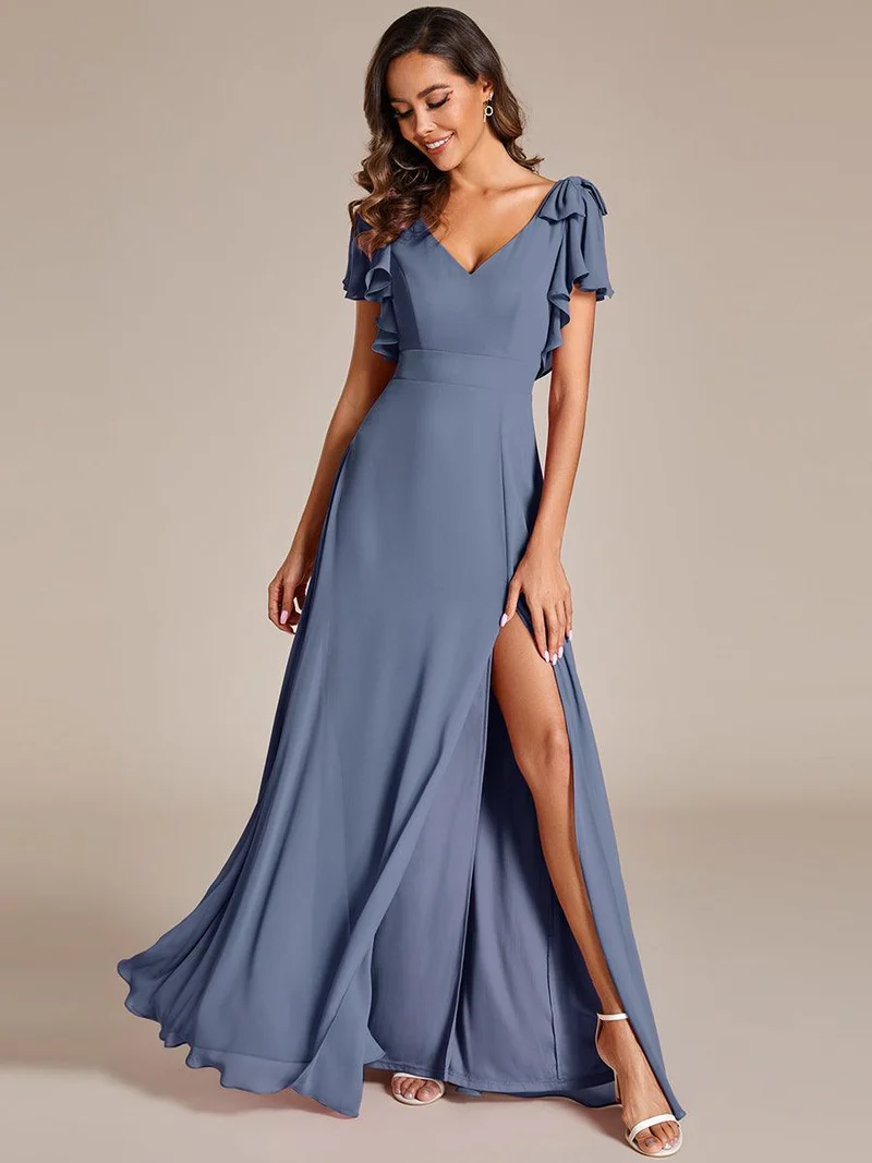 ever ROSY|Robe de demoiselle d'honneur trapèze en mousseline à manches courtes avec fente haute sur le devant
