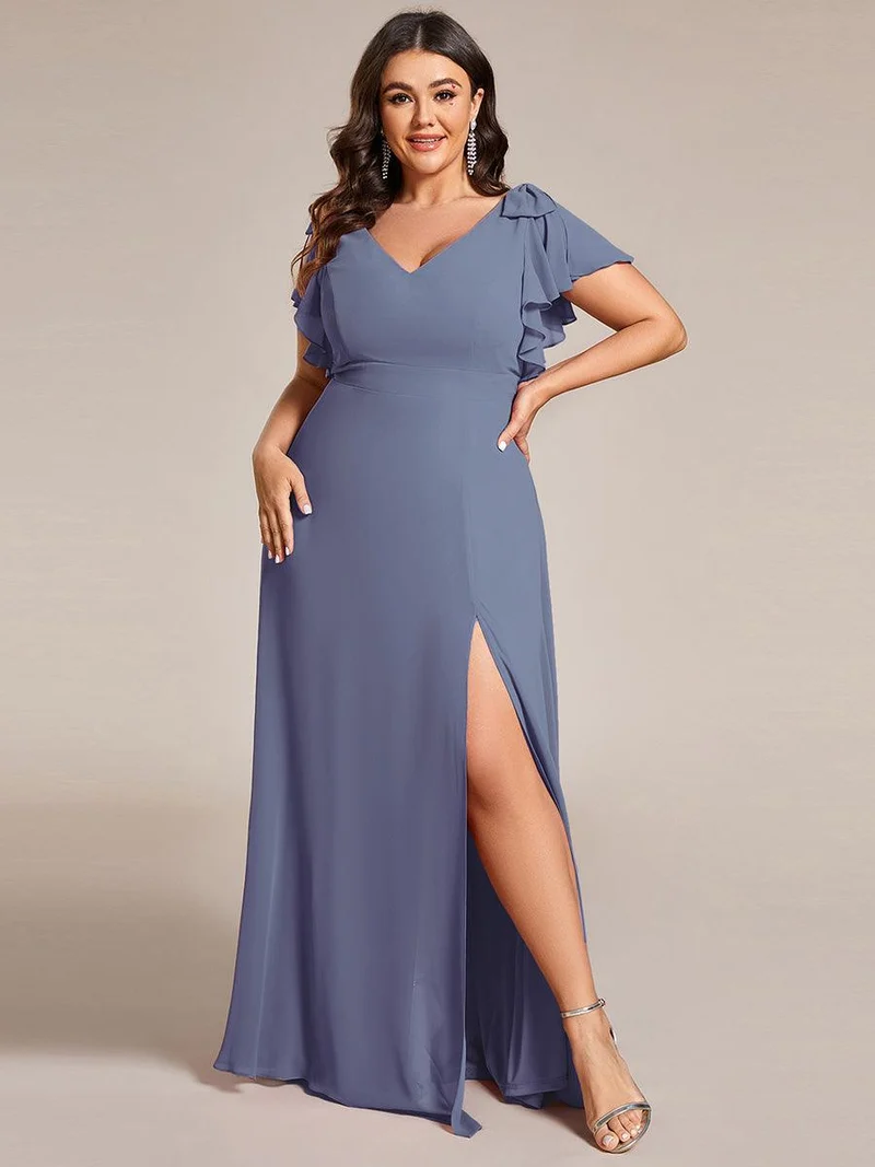 ever ROSY|Robe de demoiselle d'honneur trapèze en mousseline à manches courtes avec fente haute sur le devant