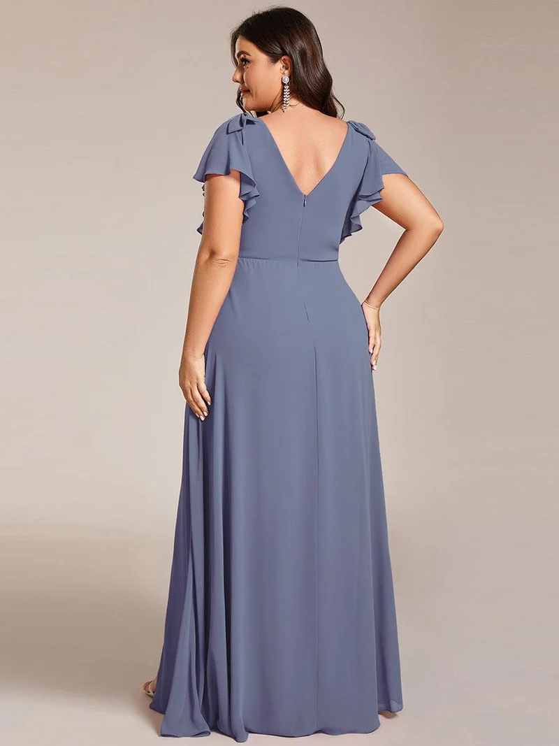 ever ROSY|Robe de demoiselle d'honneur trapèze en mousseline à manches courtes avec fente haute sur le devant