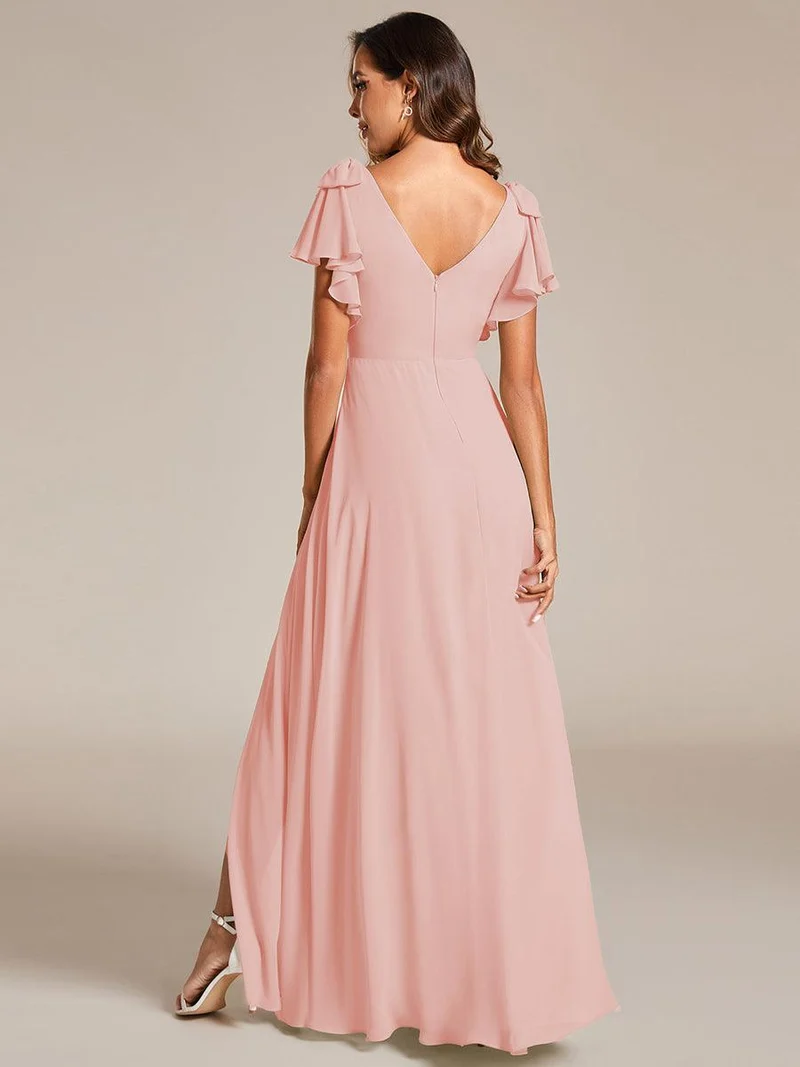 ever ROSY|Robe de demoiselle d'honneur trapèze en mousseline à manches courtes avec fente haute sur le devant