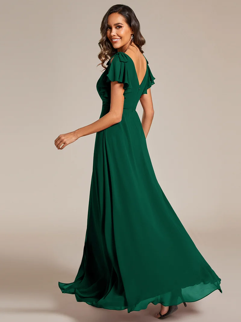ever ROSY|Robe de demoiselle d'honneur trapèze en mousseline à manches courtes avec fente haute sur le devant
