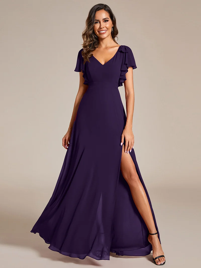 ever ROSY|Robe de demoiselle d'honneur trapèze en mousseline à manches courtes avec fente haute sur le devant