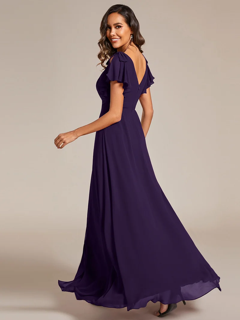 ever ROSY|Robe de demoiselle d'honneur trapèze en mousseline à manches courtes avec fente haute sur le devant