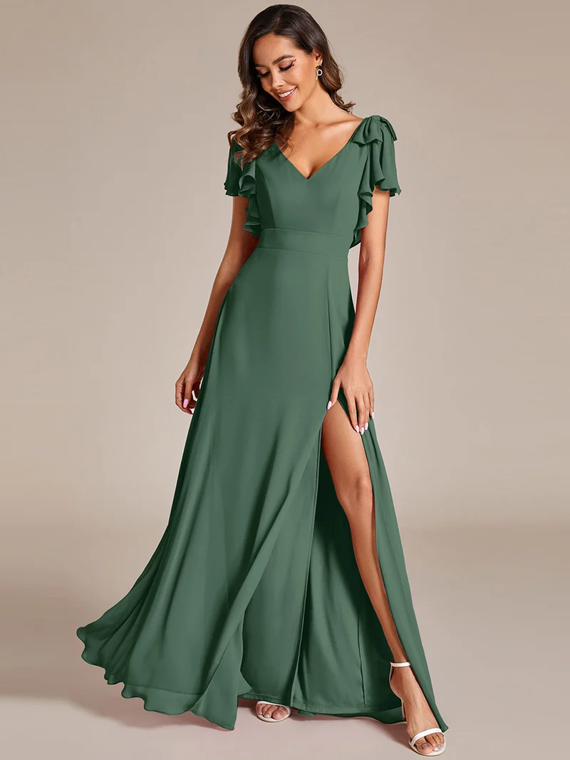 ever ROSY|Robe de demoiselle d'honneur trapèze en mousseline à manches courtes avec fente haute sur le devant